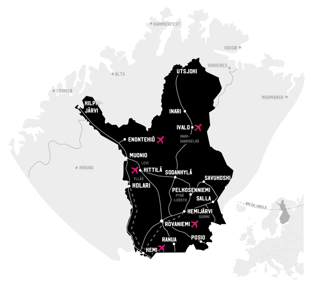 Map showing how to travel to Lapland