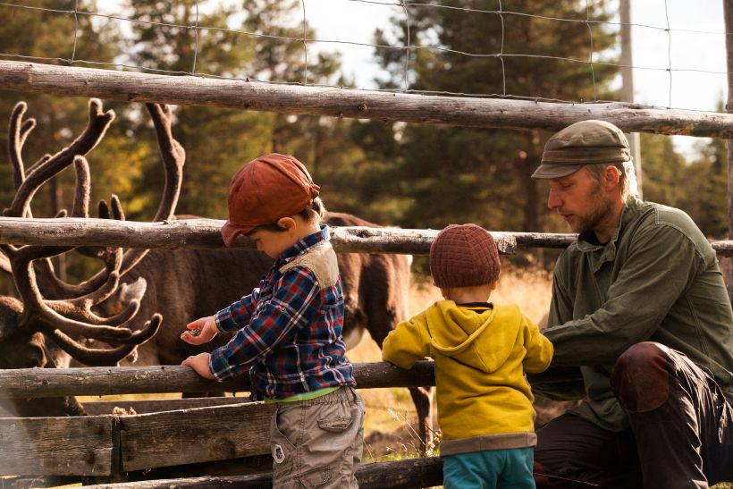 Children feeding the reindeer in Lapland