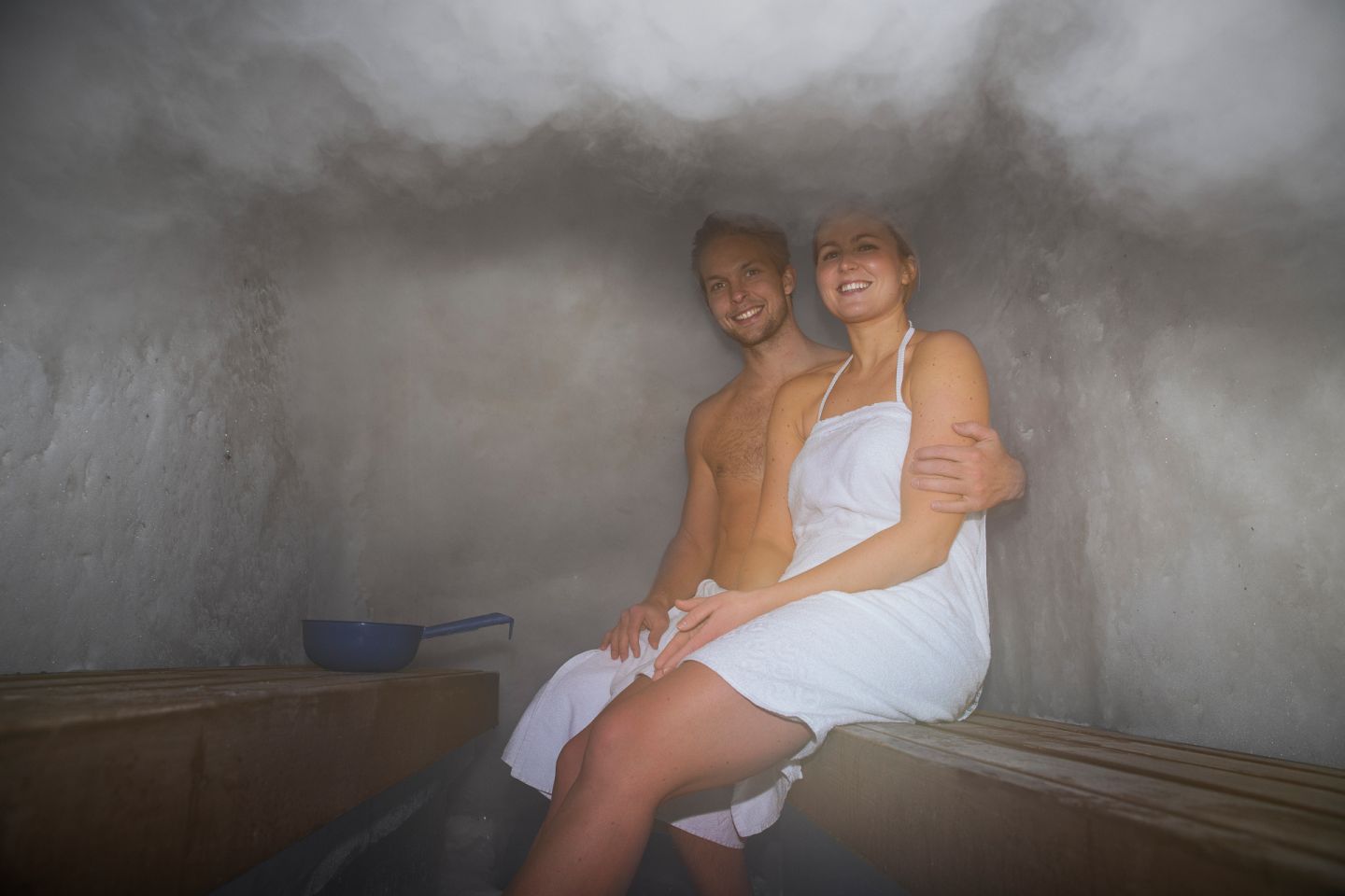 Inside the snow sauna at Arctic Snow Hotel in Rovaniemi, Finland