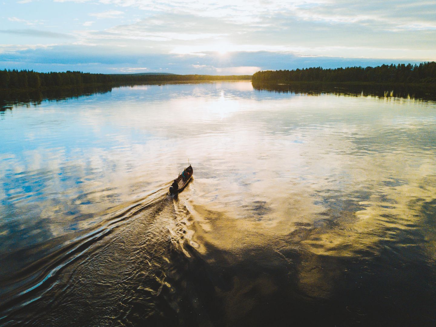 Aerial of fishing rowboat in Pello, Finland in summer