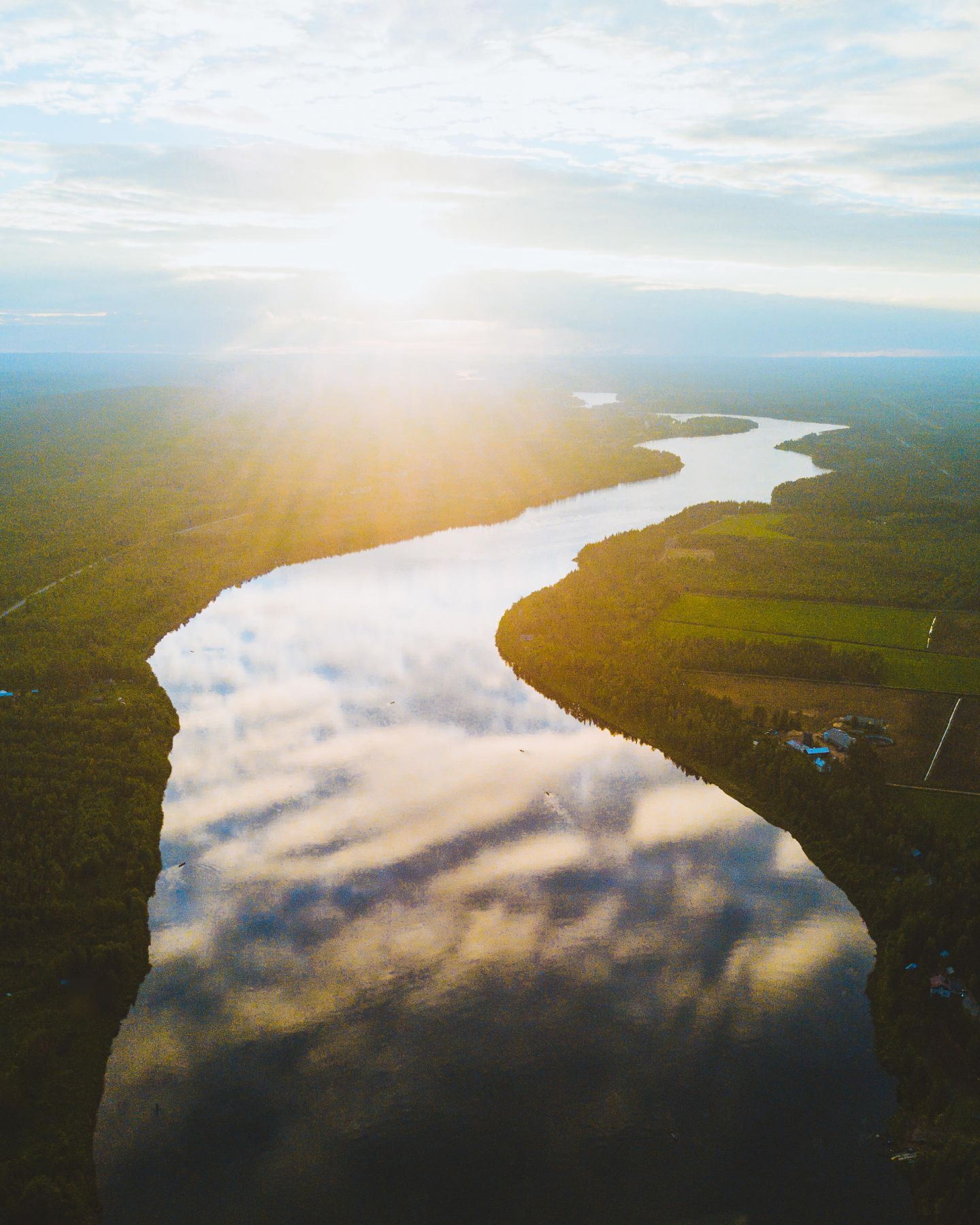 Aerial of Tornio River in Finland in summer