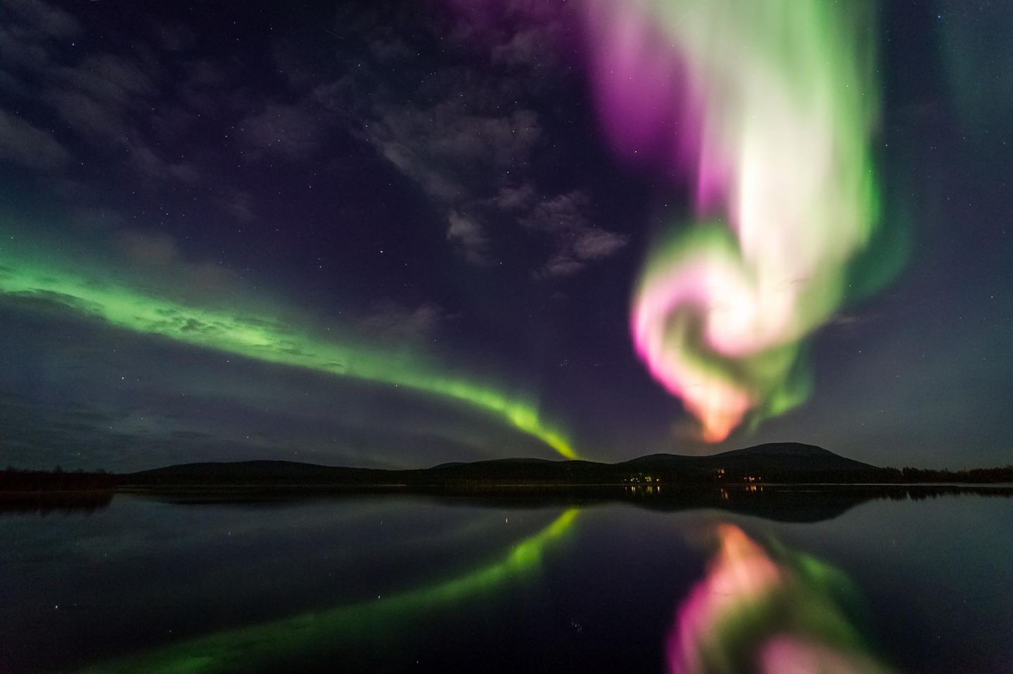 Reflected northern lights in Lapland