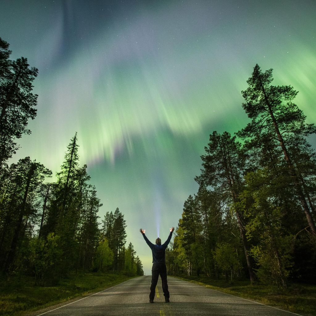 Alexander Kuznetsov praising the Northern Lights in the forest