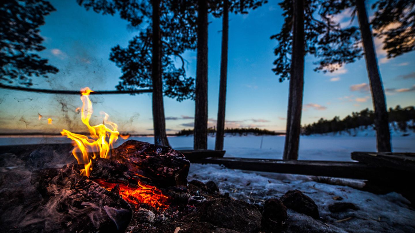 Campfire and Arctic landscape in winter