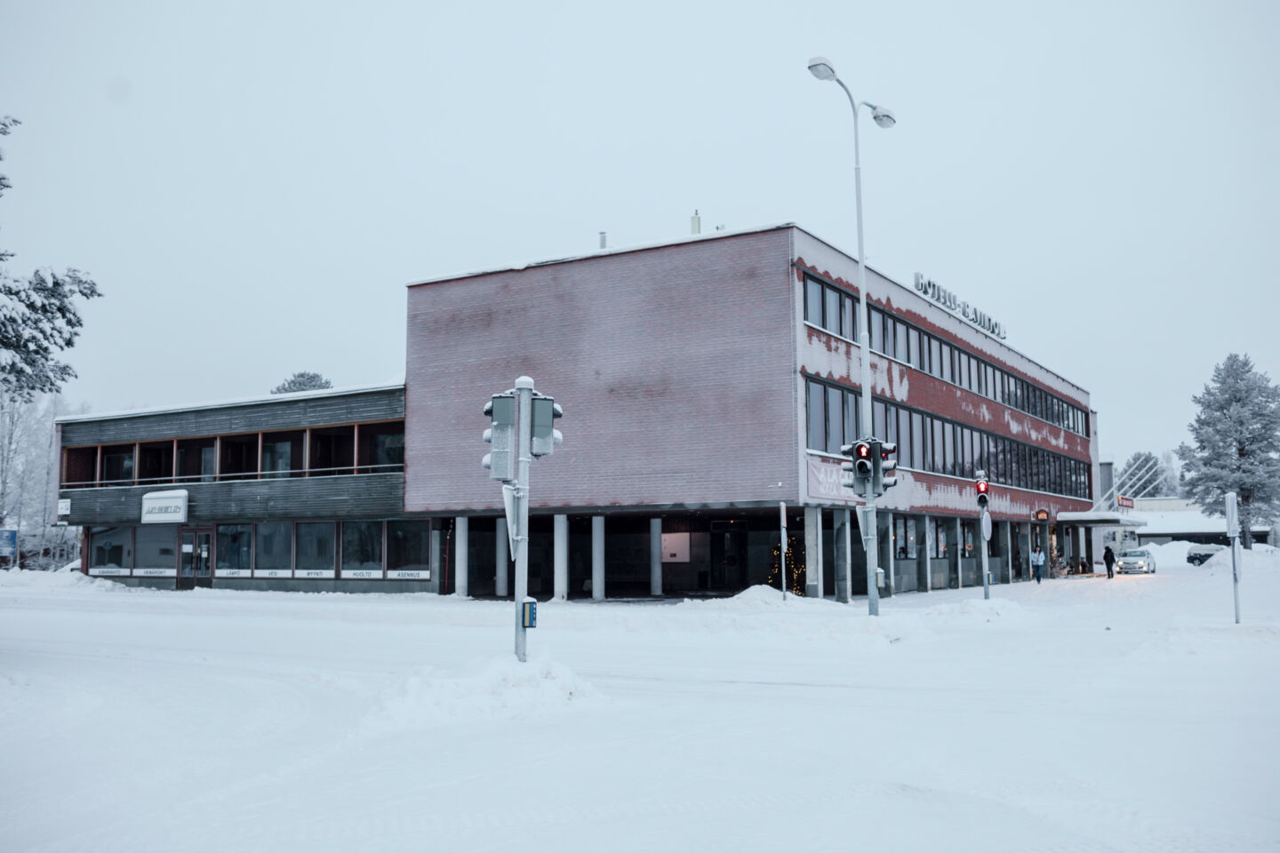 A retro building in downtown Sodankylä, Finland in winter, a stand-in location for Siberia