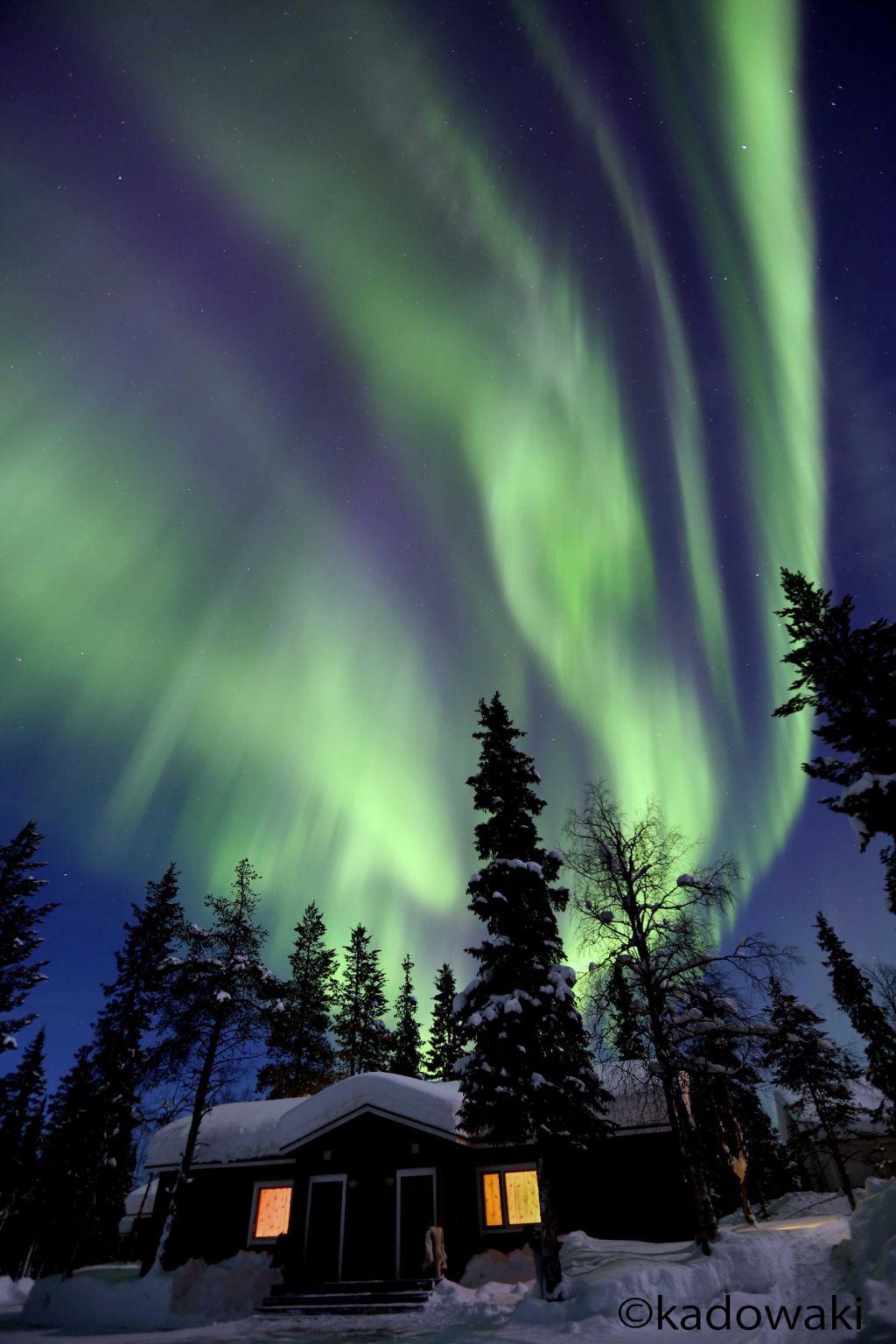 Auroras over a snowy cabin