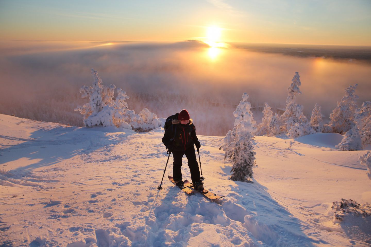 Sunset while skiing in Ruka-Kuusamo, FInland