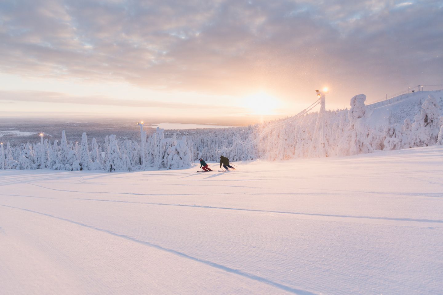 Skiing at sunrise in Ruka-Kuusamo, FInland