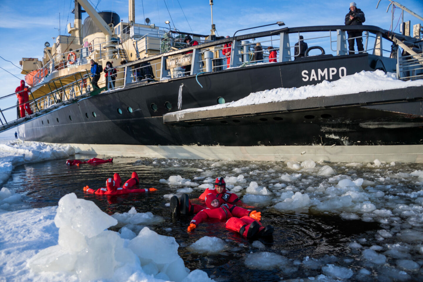 Ice floating near the Icebreaker Sampo in the frozen sea in Kemi, a Finnish Lapland holiday destination
