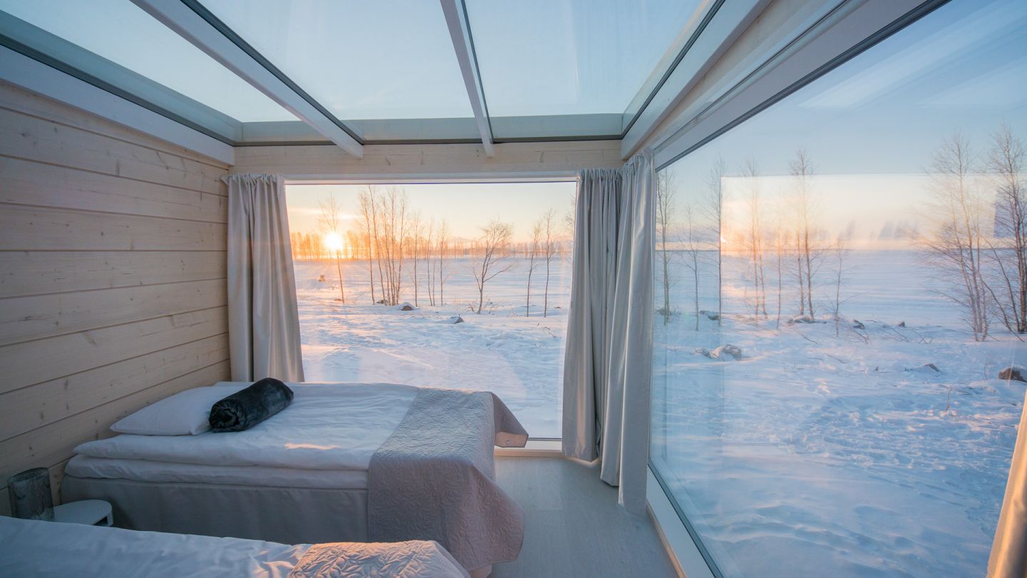 Seaside glass villa rooms in winter in Kemi, Finland