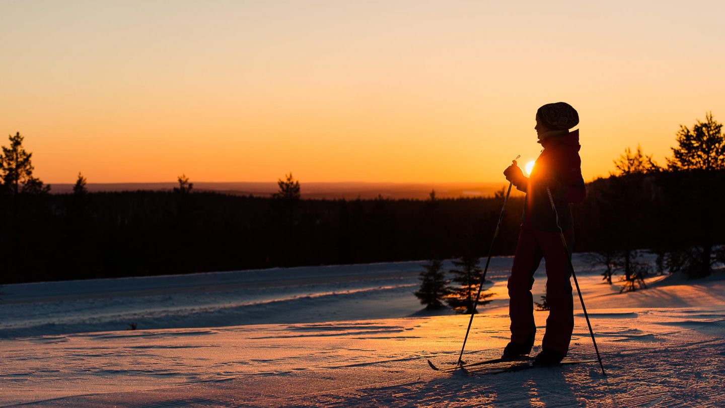 Cross country skiing under a Lapland winter sun