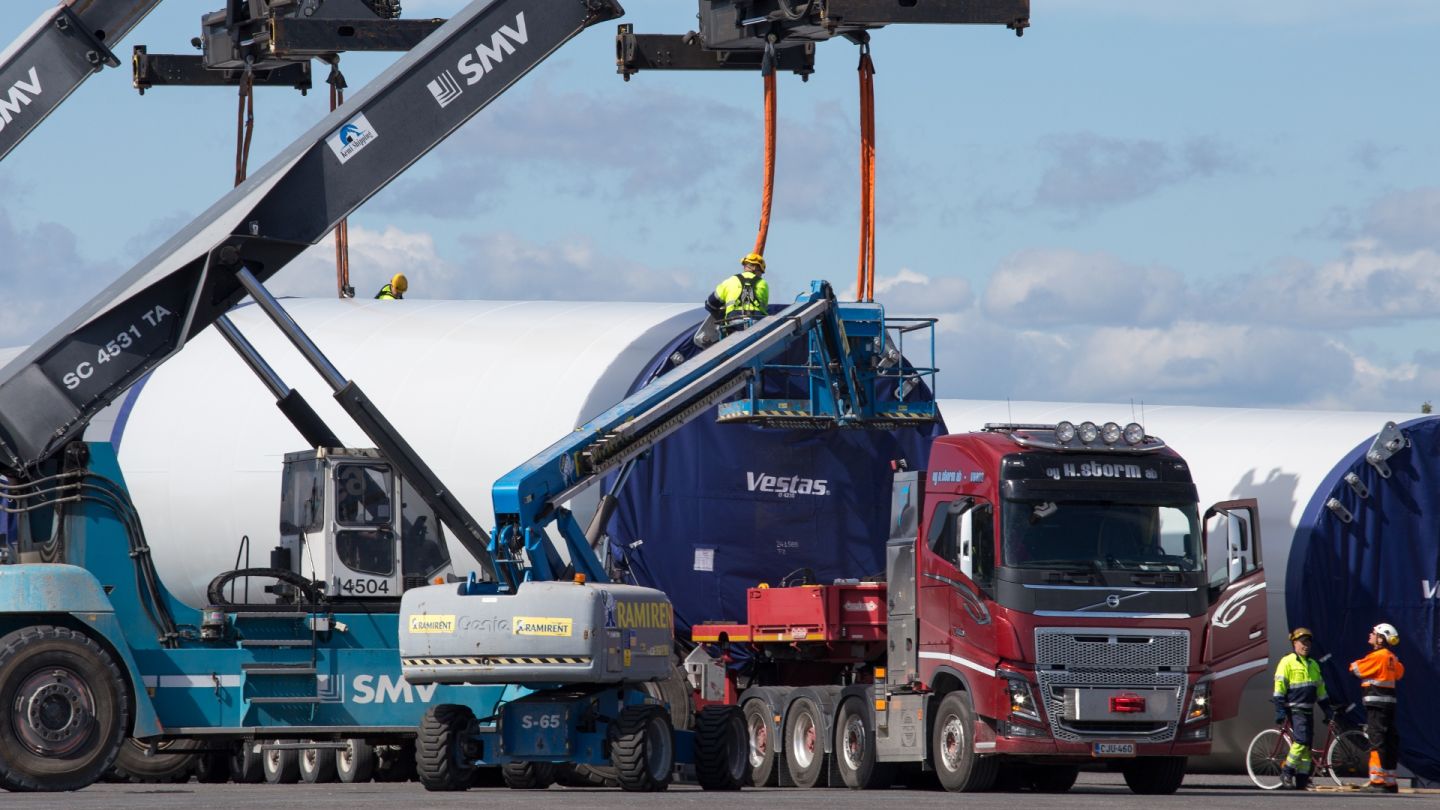 Trucks waiting for departure. Road infrastructure in Finnish Lapland