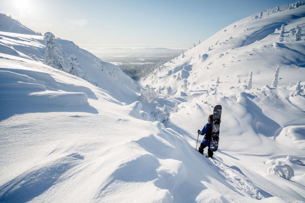 snowboarding on the Arctic fells in winter