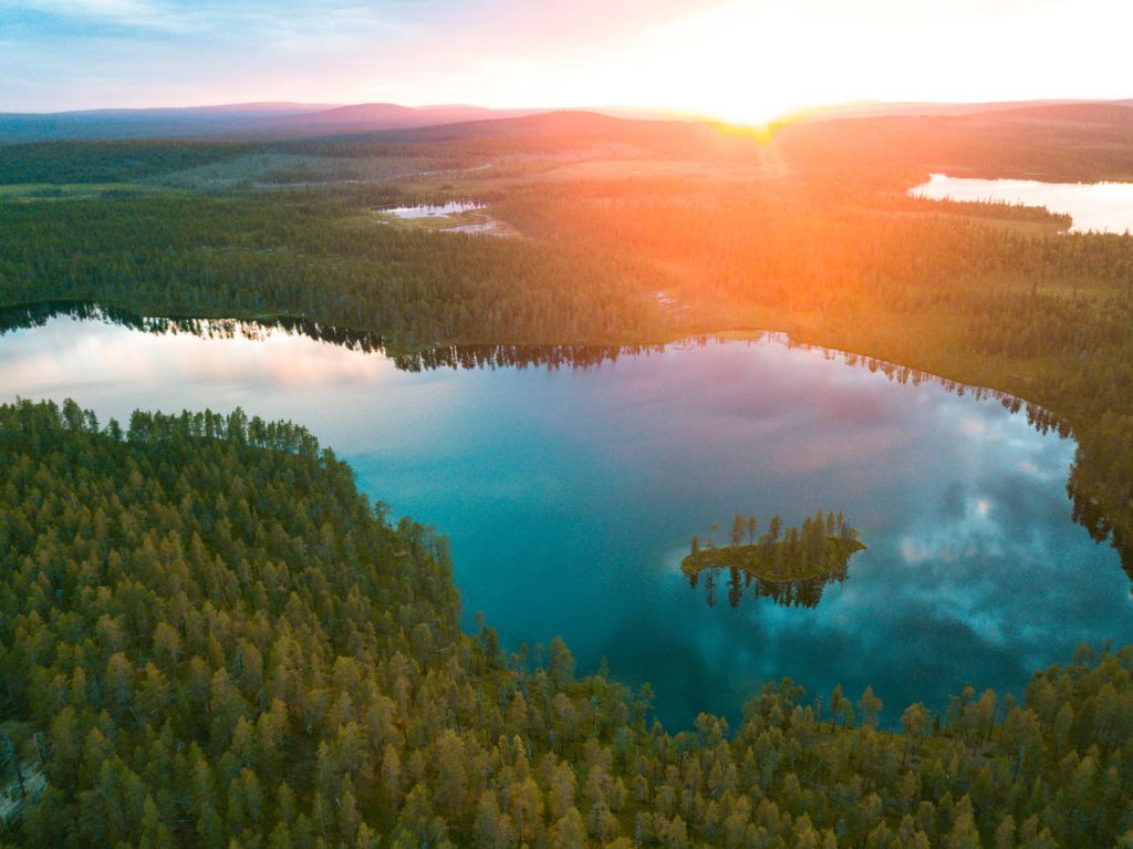 aerial photo of Arctic forest landscape and lake