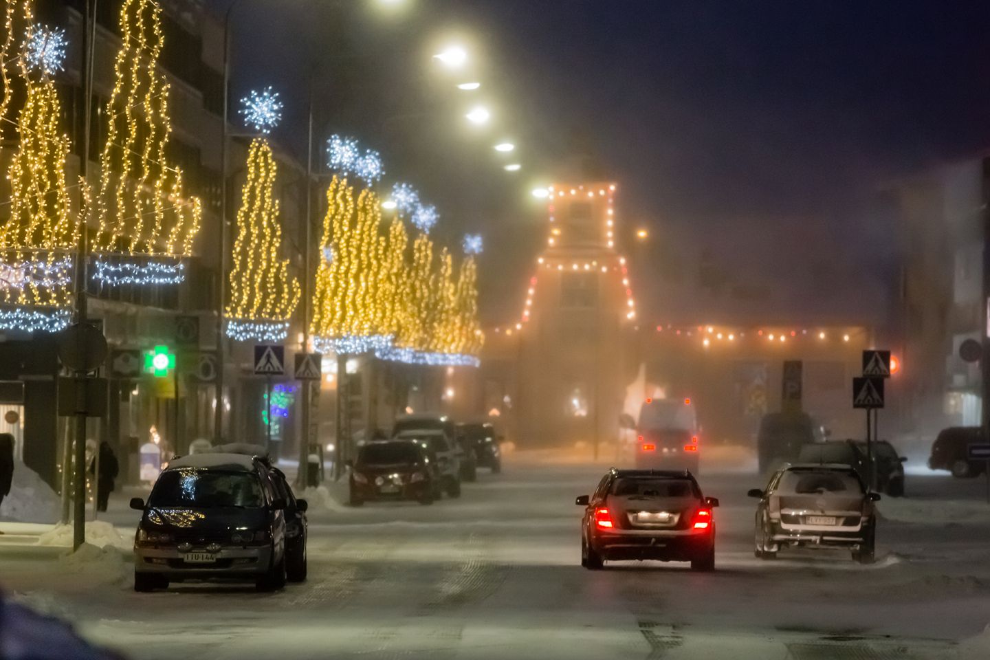 Christmas street in the evening in Kemijärvi, Lapland