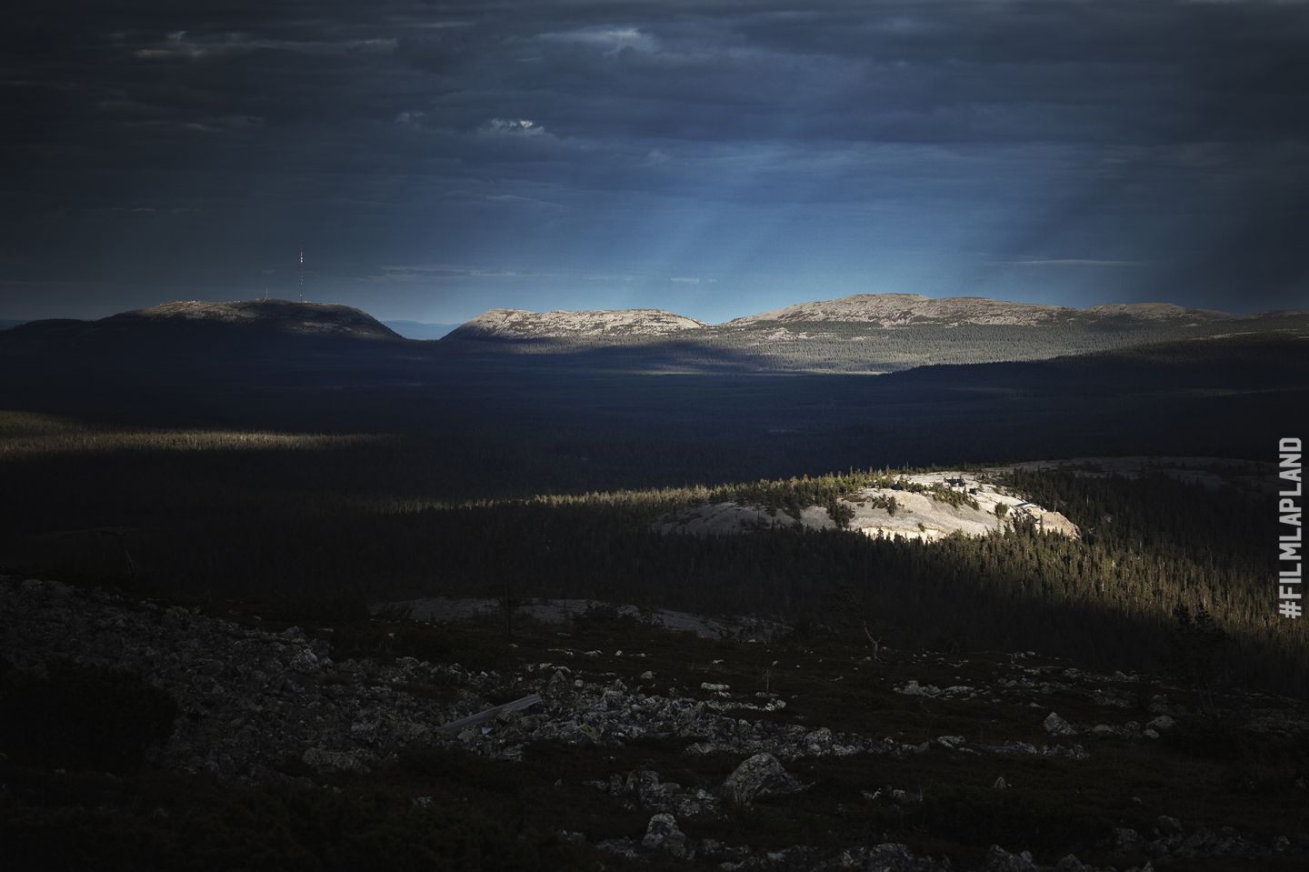 Dark shadows and beams of light over Arctic forest in Sodankylä, Finland
