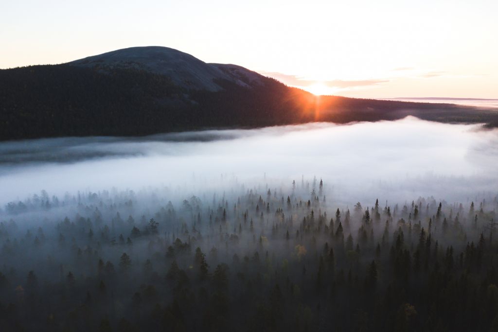 A misty sunrise among the fells of Ylläs, Lapland, Finland