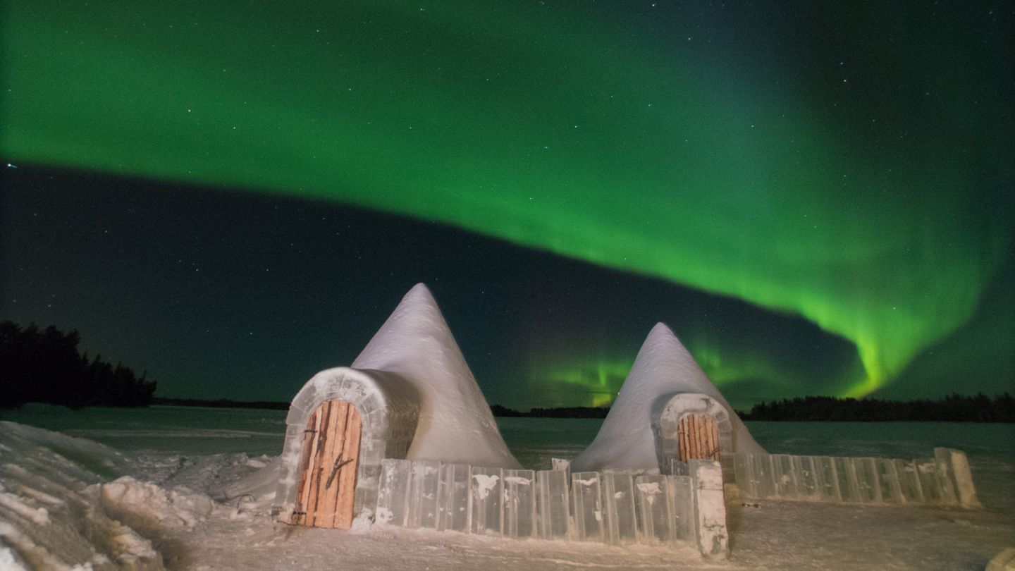 Snow Castle under the Northern Lights in Ranua, Lapland Finland Snow Sculpture