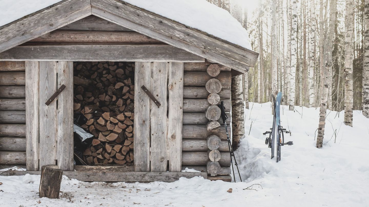 wood shed in winter with skis