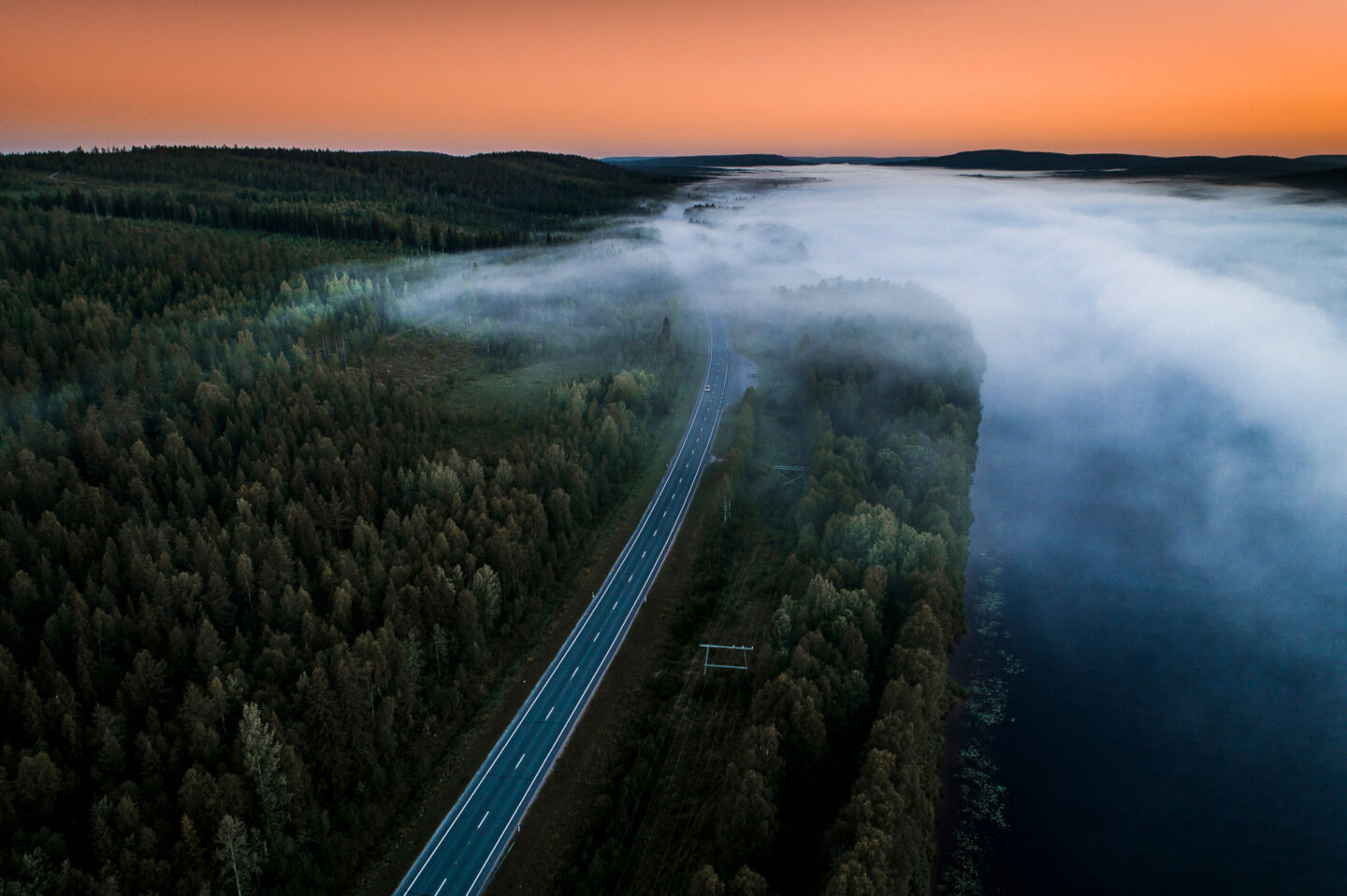 Fog on the road in Finnish Lapland