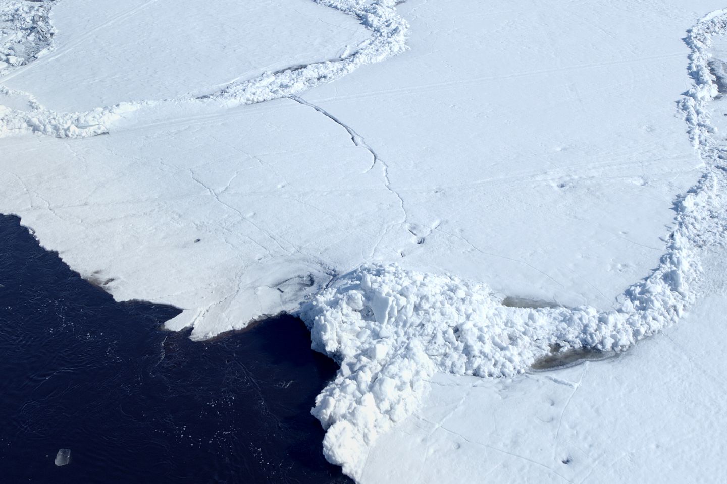 River ice breaking up in spring in Rovaniemi, Finland