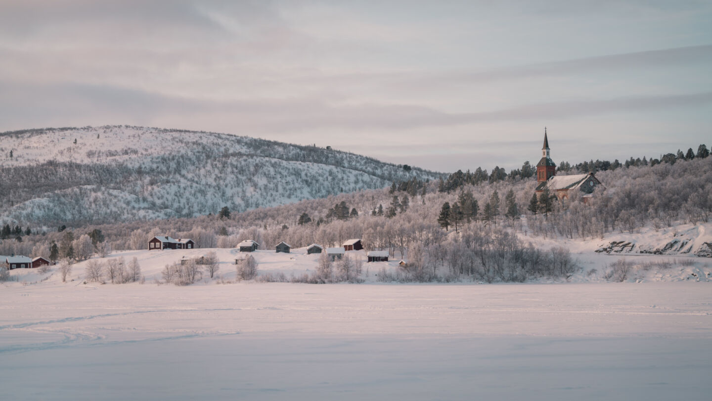 A quaint church village in Utsjoki, Finland in winter