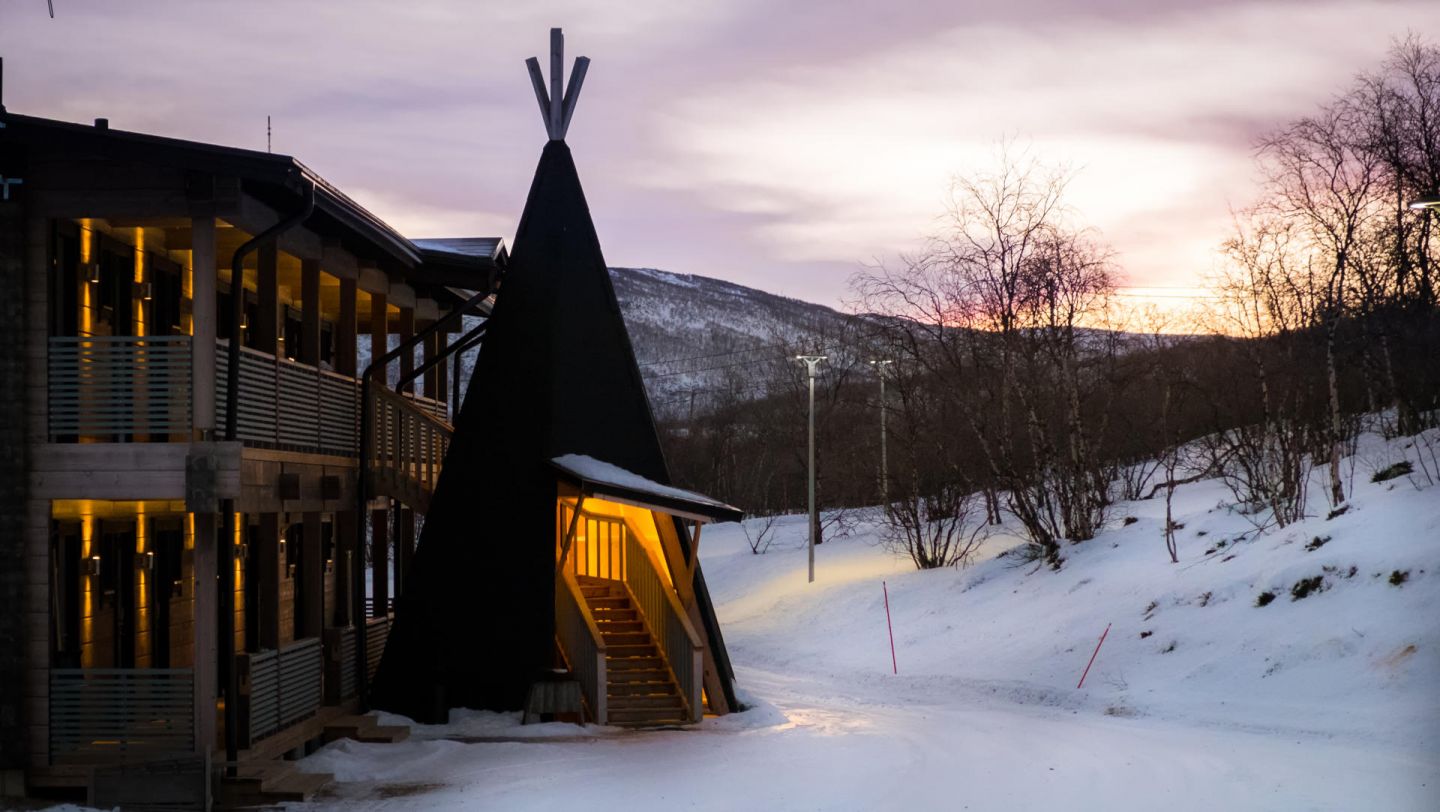 Entrance to Hotel Deatnu at Holiday Village Valle in Utsjoki, Finland