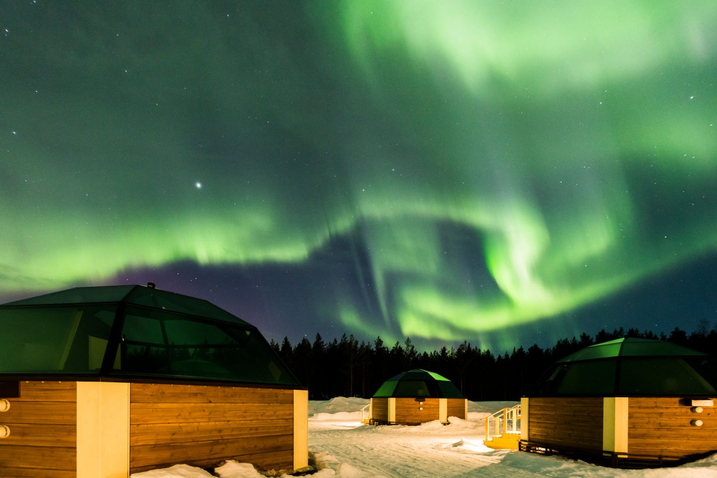 Auroras over glass igloos in Finnish Lapland