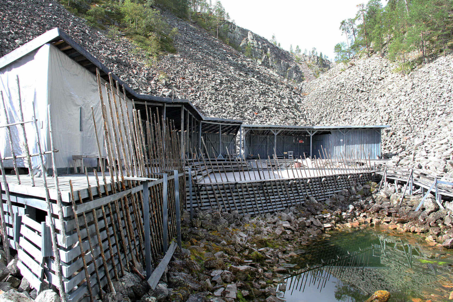 Buildings among the stony gorge in Pyhä in Pelkosenniemi, a filming location in Finnish Lapland