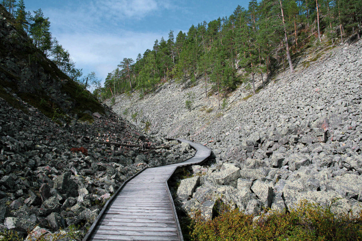 Walkway among the stony gorge in Pyhä in Pelkosenniemi, a filming location in Finnish Lapland