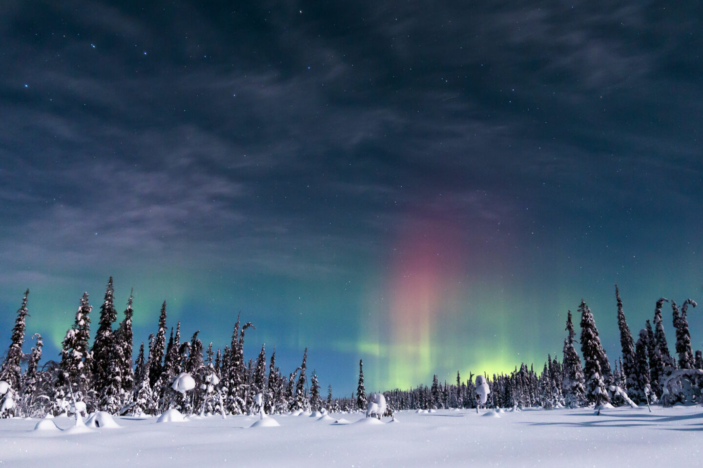 Northern Lights over snowy Savukoski, a Finnish Lapland wilderness filming location