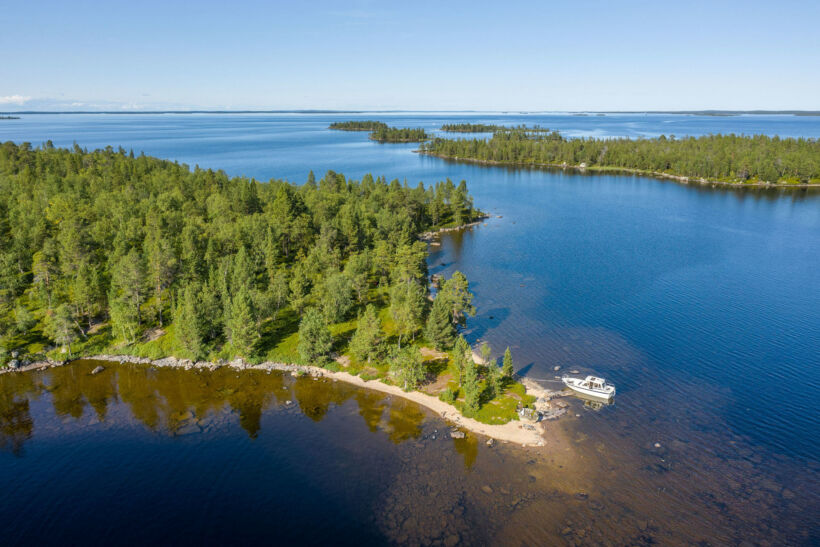 Aerial view of Lake Inari in summer, a filming location in Finnish Lapland