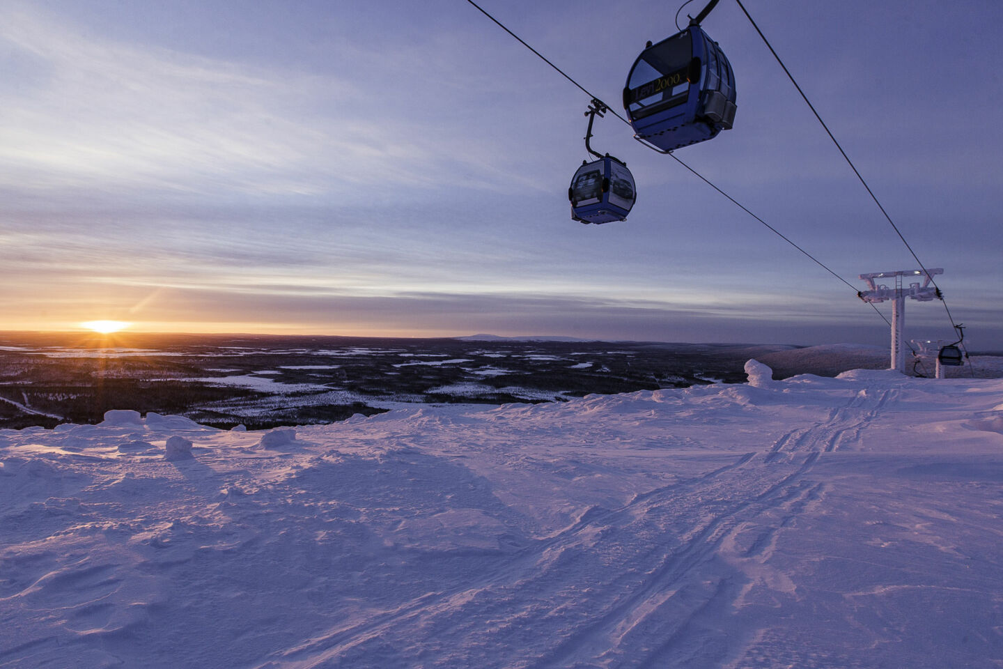 Sunset and ski lifts at the Levi Ski Resort in Kittilä, a Finnish Lapland filming location