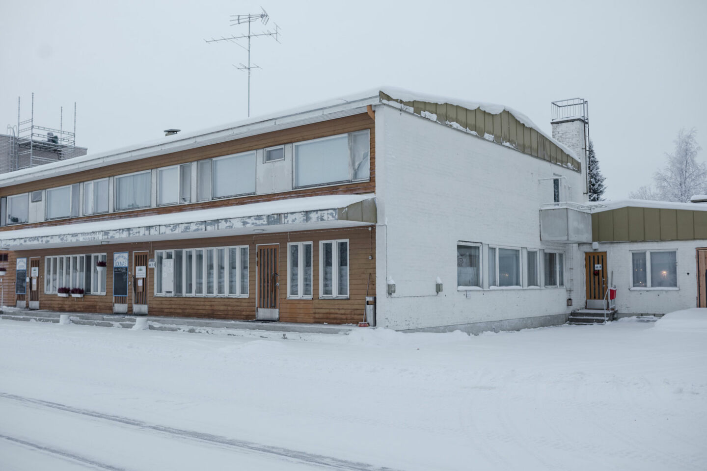 Old building in winter in the retro town of Sodankylä, a filming location in Finnish Lapland