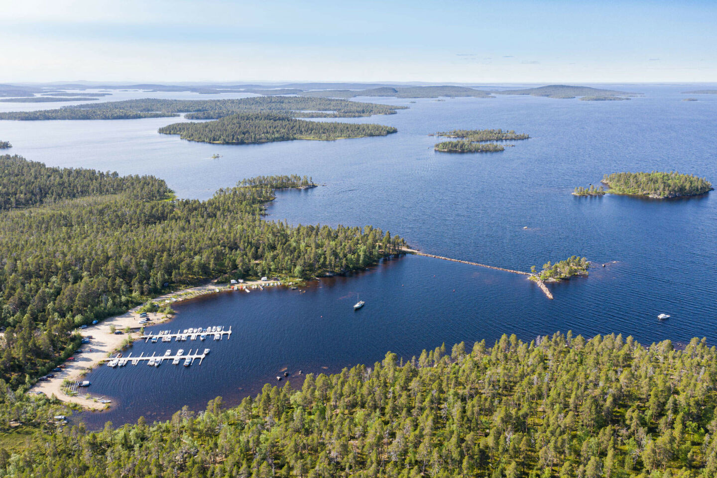 Aerial view of Lake Inari in summer, a filming location in Finnish Lapland
