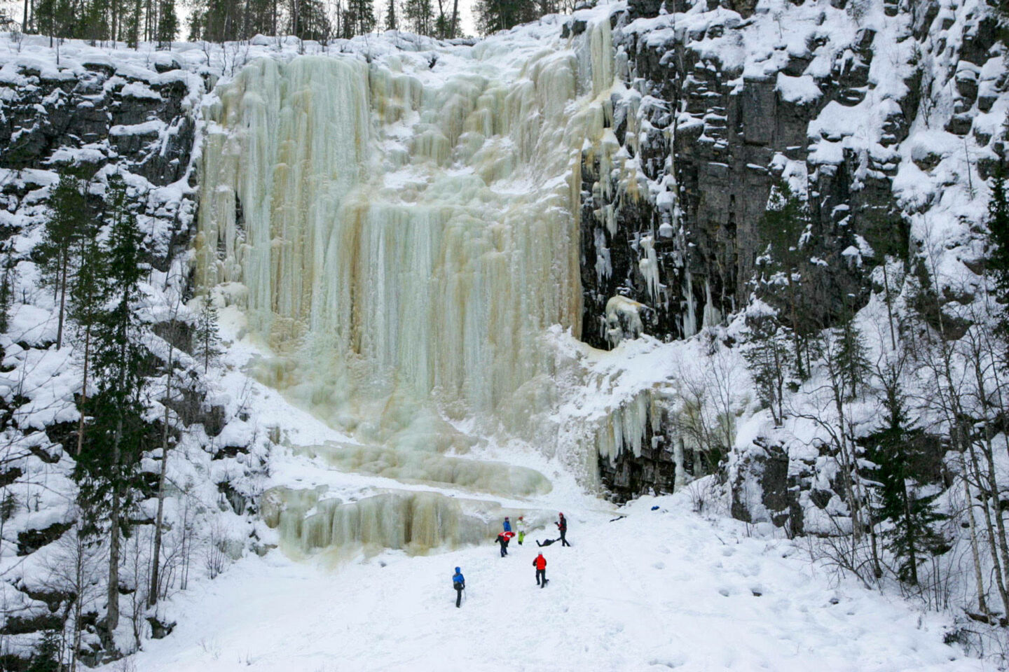 Preparing to climb the frozen waterfall in the Korouoma Canyon in Posio, a Finnish Lapland filming location