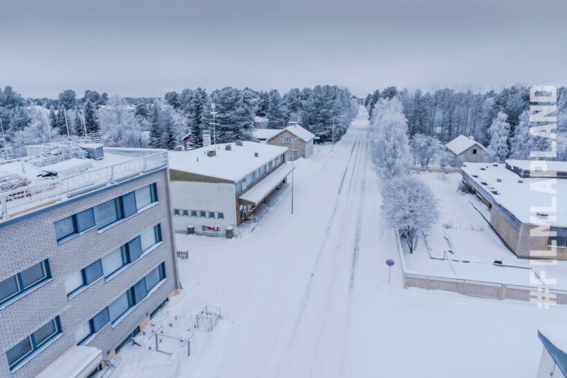 Snow-covered intersection in the retro town Sodankylä, a top filming location in Finland