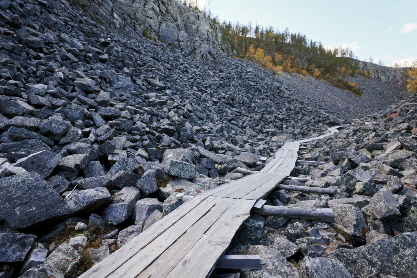 Walkway through the stony gorge in Pyhä in Pelkosenniemi, a filming location in Finnish Lapland