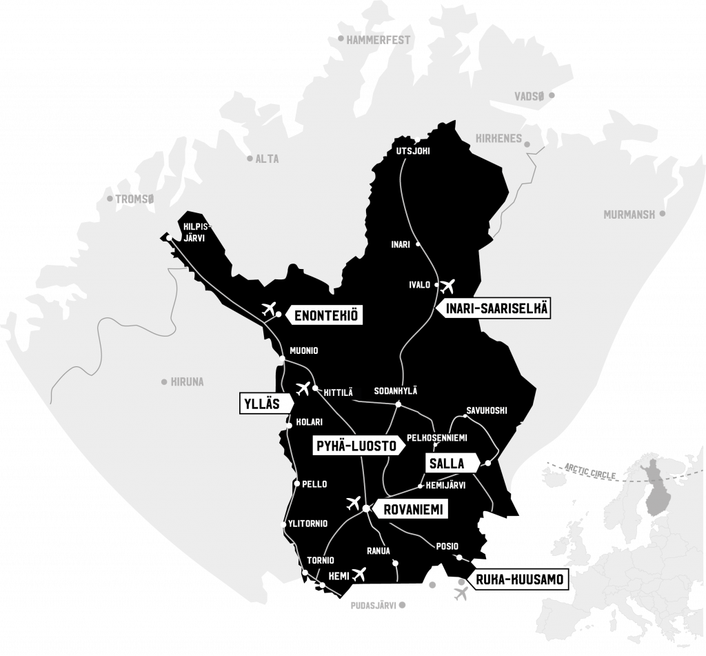 Map of Finnish Lapland for travelers, including airports and major highways