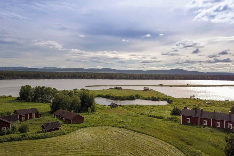 Summer aerial view of Suvanto, a 19th century village and filming location in Finnish Lapland