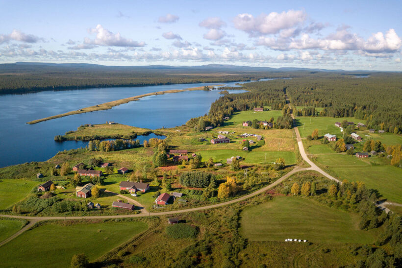 An aerial summer view of Suvanto, a 19th century village and filming location in Finnish Lapland