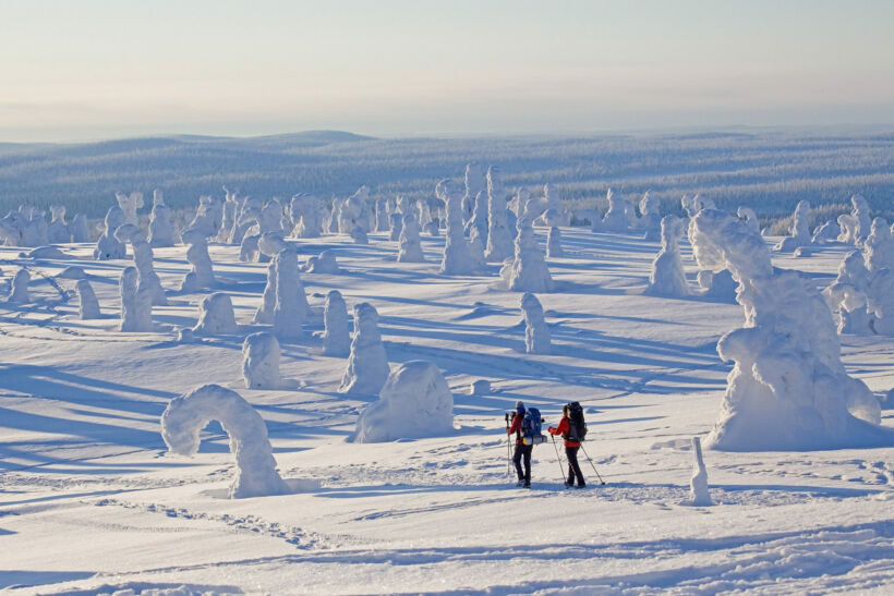 Hiking through snow-crowned trees in Riisitunturi National Park in Posio, a Finnish Lapland filming location