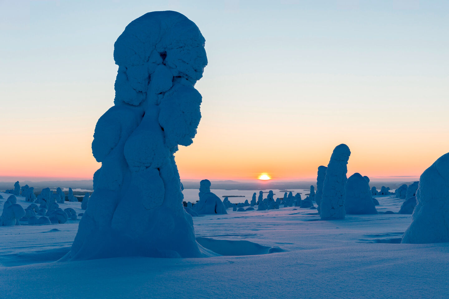 Sunset over snow-crowned trees in Riisitunturi National Park in Posio, a Finnish Lapland filming location