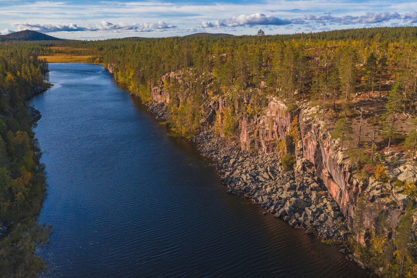 The river, forest and ravine at Salmijoki river in Salla, a Finnish Lapland filming location