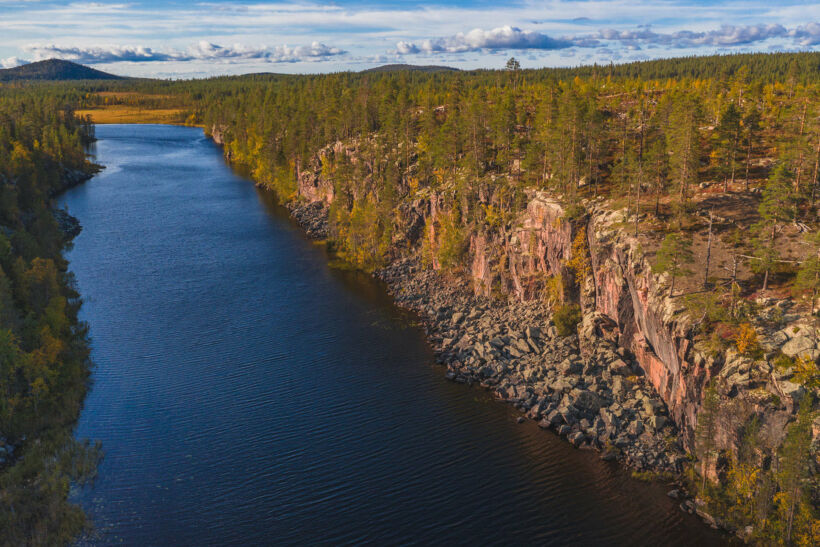 The river, forest and ravine at Salmijoki river in Salla, a Finnish Lapland filming location