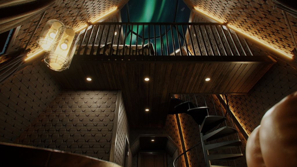 A digital picture from inside of the planned Kammi Suite in Apukka Resort, Rovaniemi. The suite has a skylight showing Northern lights in the sky.