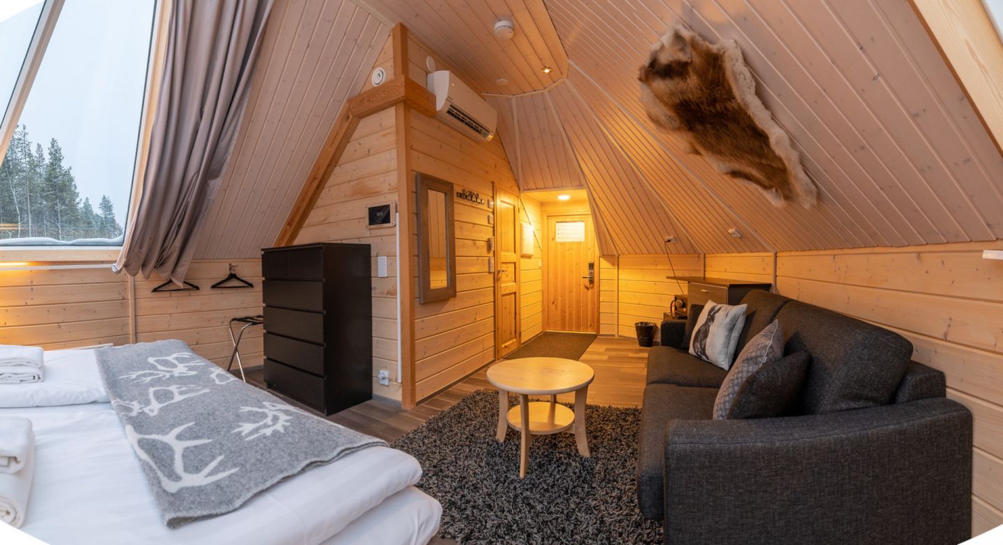 Inside a cottage at the Northern Lights Village, a special winter accommodation in Inari-Saariselkä