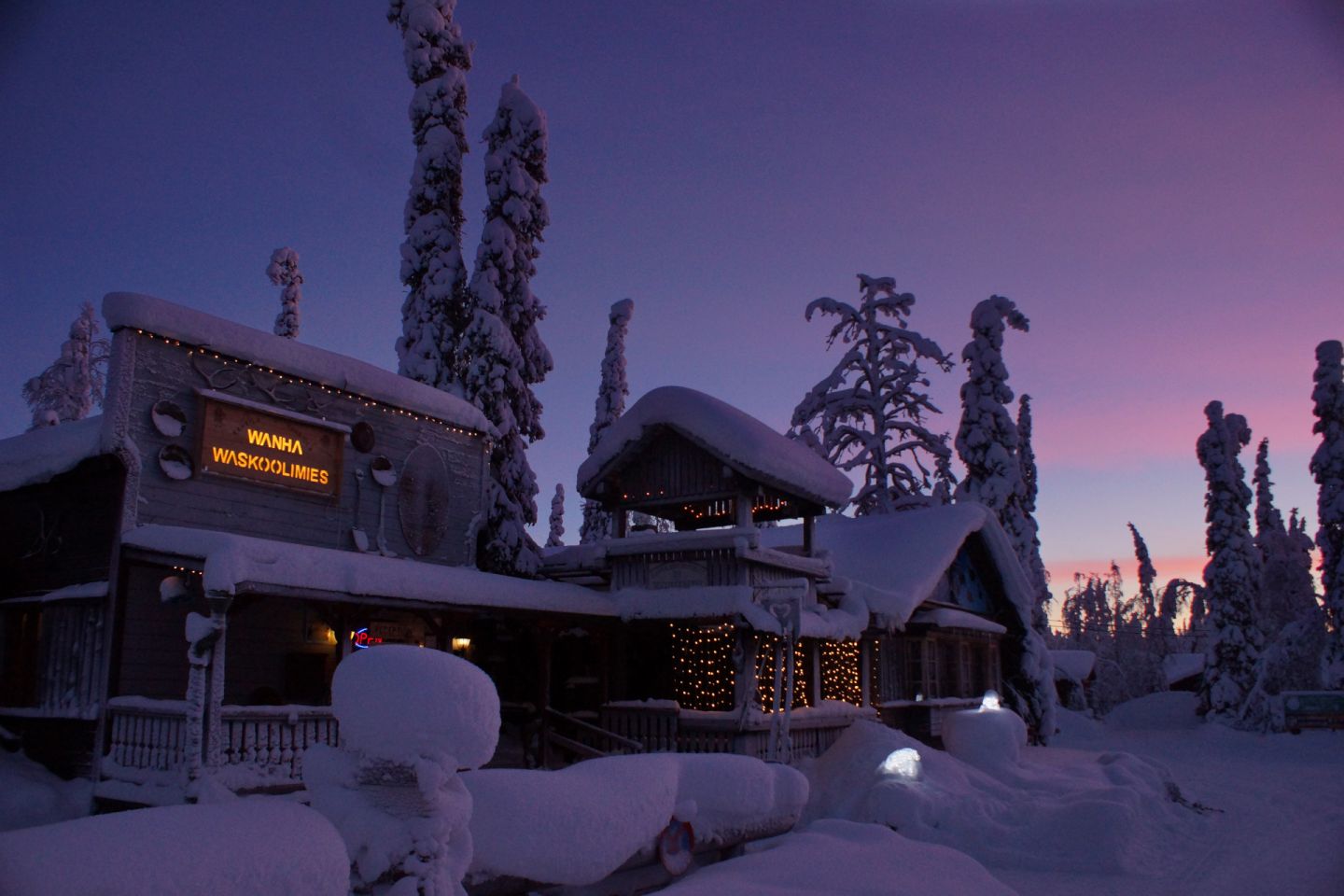 Polar night over the Tankavaara Gold Village, a special winter accommodation in Sompio, Finland