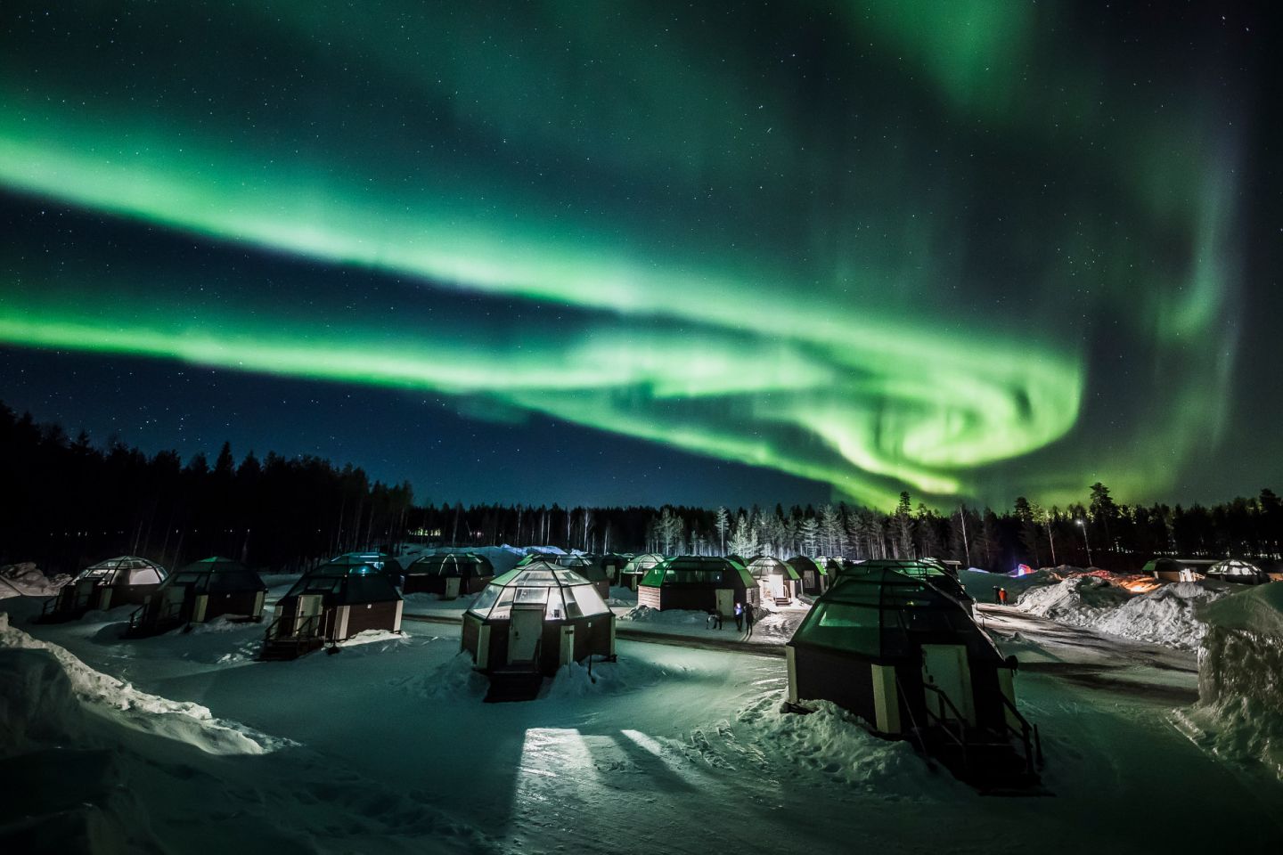 Auroras over igloos in Rovaniemi, Finland