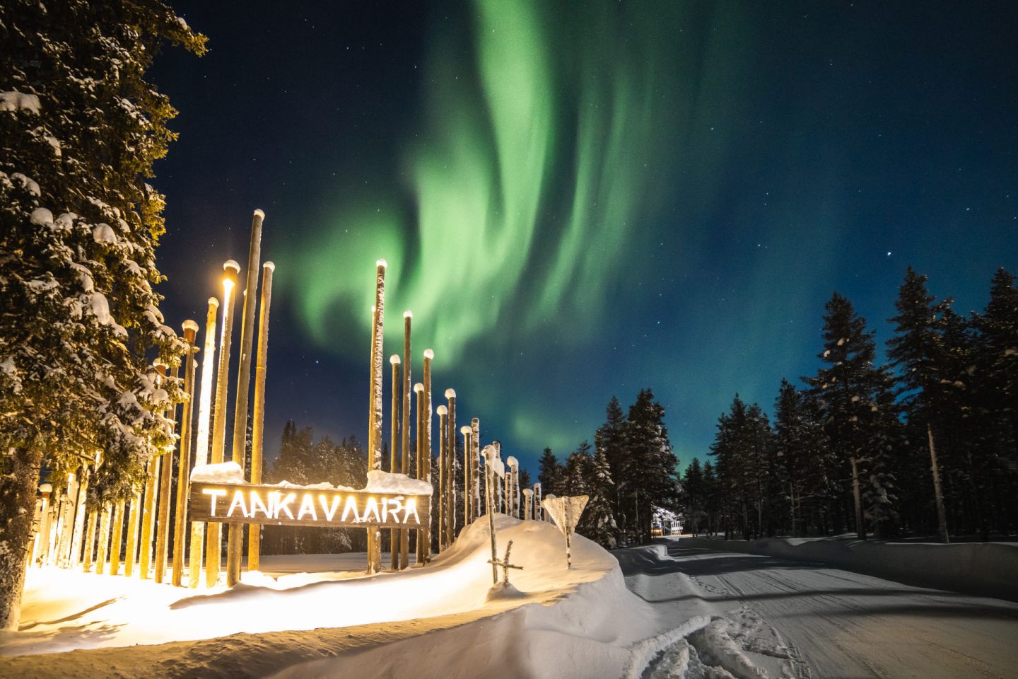 Northern Lights over Tankavaara Gold Village, a special winter accommodation in Sompio, Finland